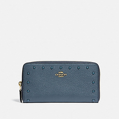 COACH ACCORDION ZIP WALLET WITH LACQUER RIVETS - DENIM/LIGHT GOLD - F39179