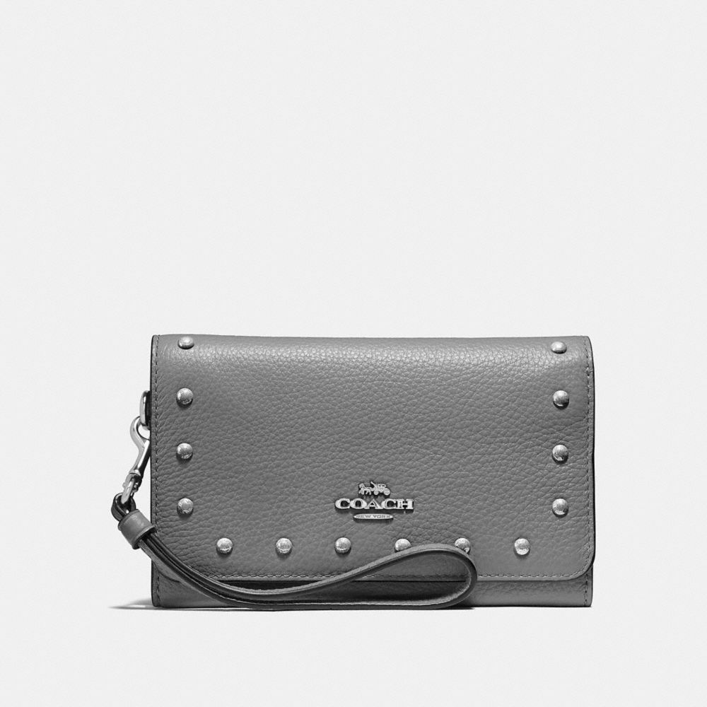 COACH F39180 FLAP PHONE WALLET WITH LACQUER RIVETS HEATHER GREY/SILVER