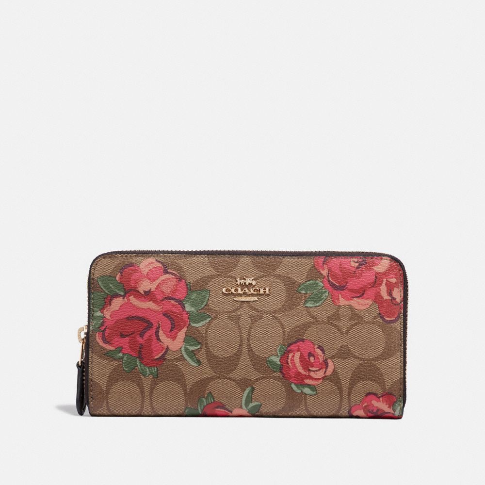 COACH ACCORDION ZIP WALLET IN SIGNATURE CANVAS WITH JUMBO FLORAL PRINT - KHAKI/OXBLOOD MULTI/LIGHT GOLD - F39189