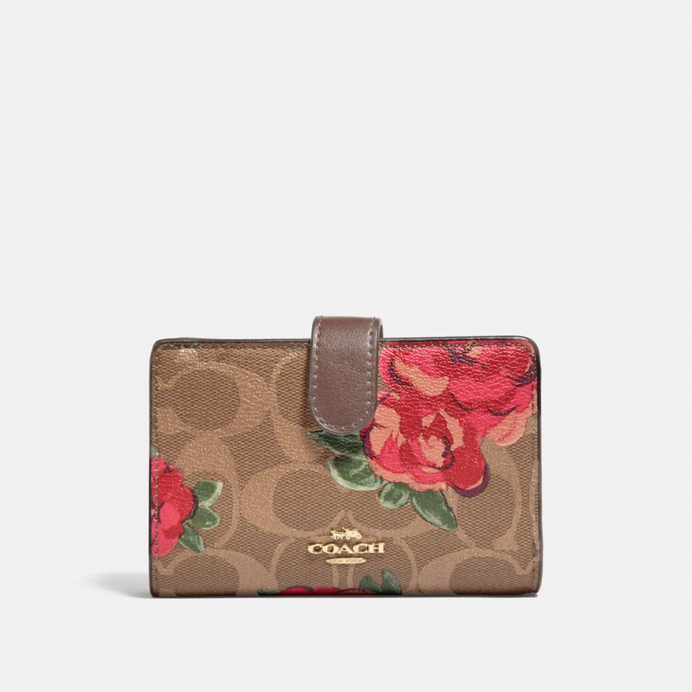 COACH F39190 MEDIUM CORNER ZIP WALLET IN SIGNATURE CANVAS WITH JUMBO FLORAL PRINT KHAKI/OXBLOOD-MULTI/LIGHT-GOLD