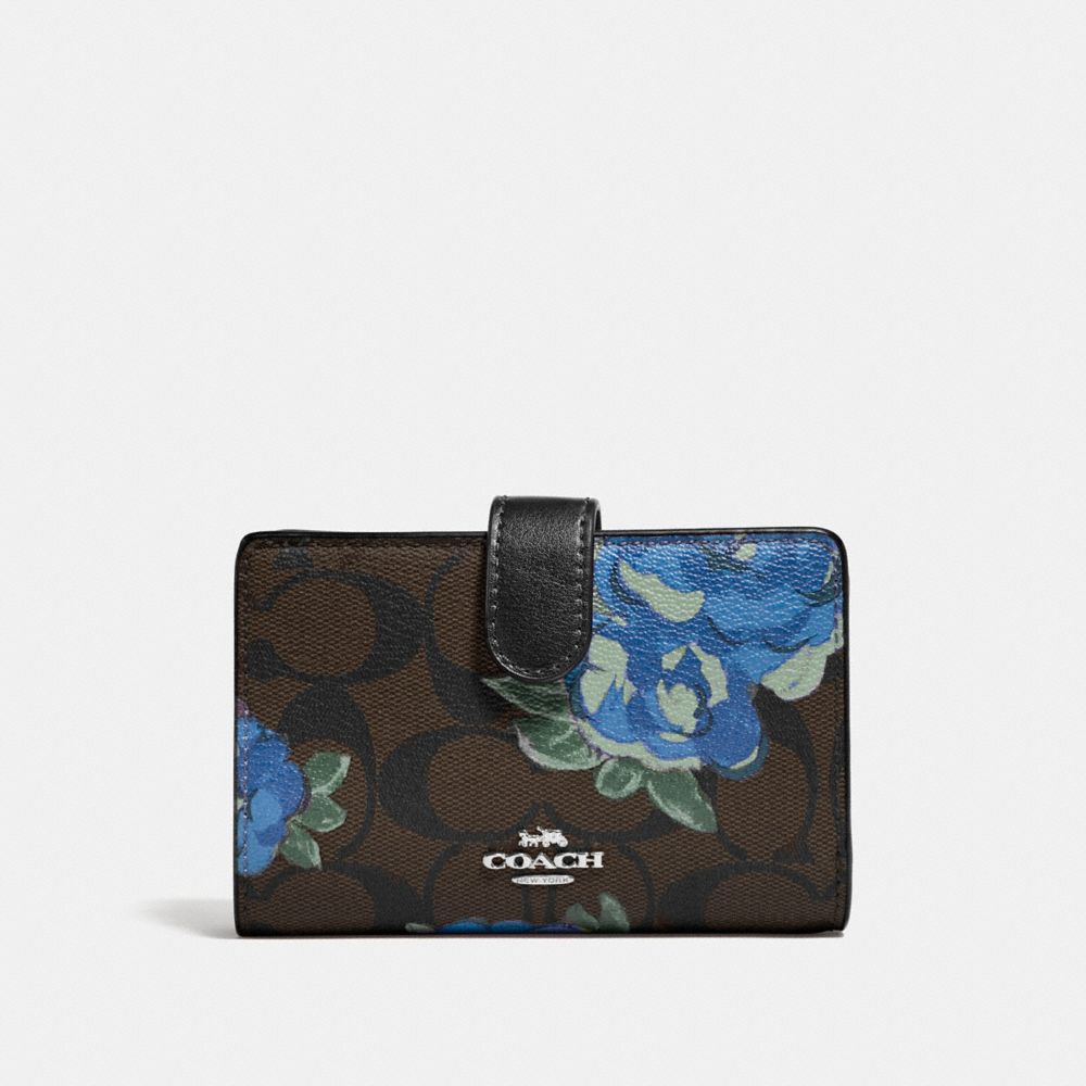 COACH MEDIUM CORNER ZIP WALLET IN SIGNATURE CANVAS WITH JUMBO FLORAL PRINT - BROWN BLACK/MULTI/SILVER - F39190