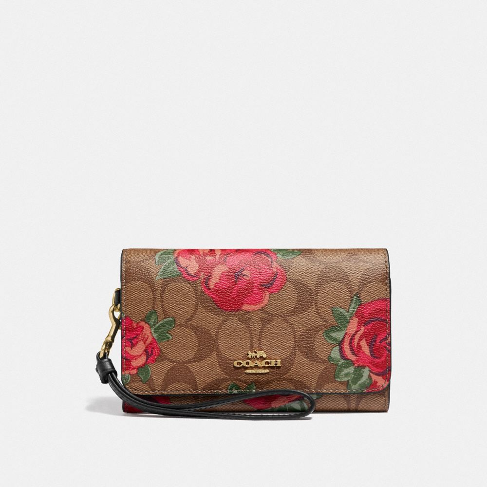 COACH F39191 Flap Phone Wallet In Signature Canvas With Jumbo Floral Print KHAKI/OXBLOOD MULTI/LIGHT GOLD