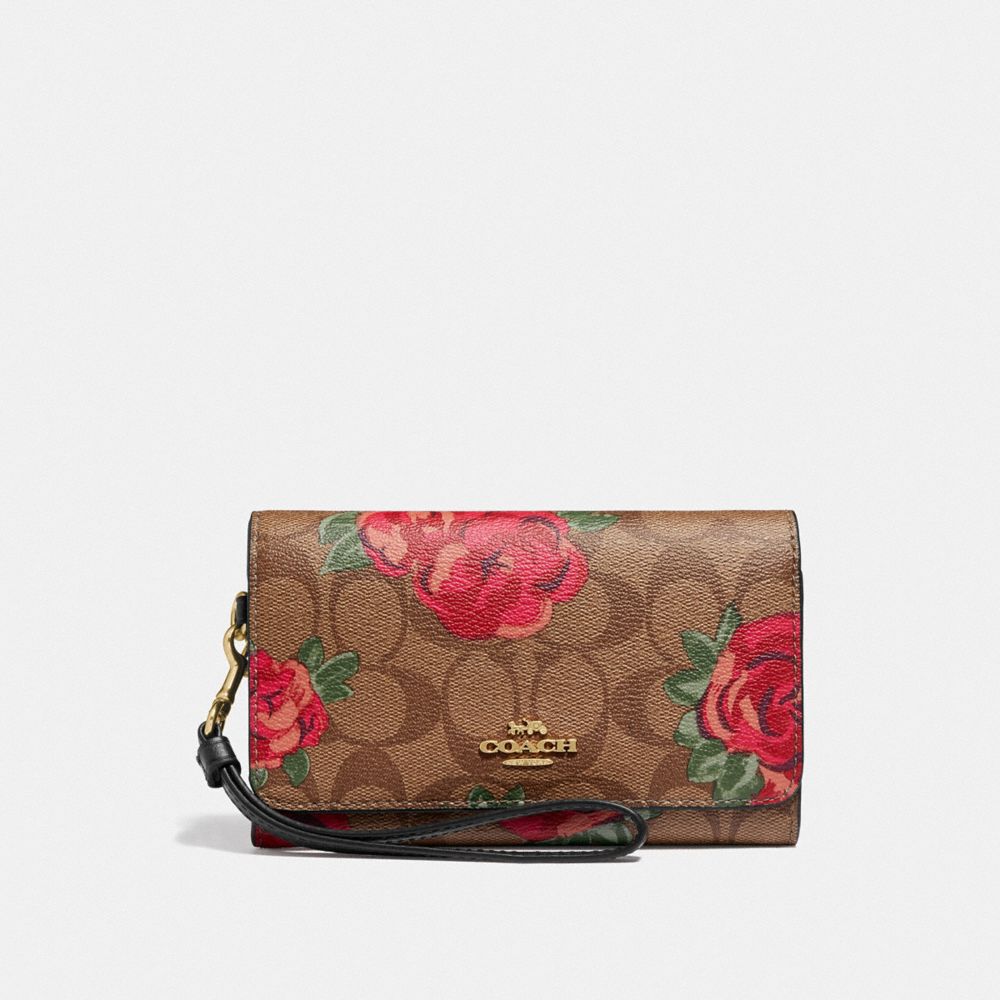 COACH F39191 FLAP PHONE WALLET IN SIGNATURE CANVAS WITH JUMBO FLORAL PRINT KHAKI/OXBLOOD MULTI/LIGHT GOLD