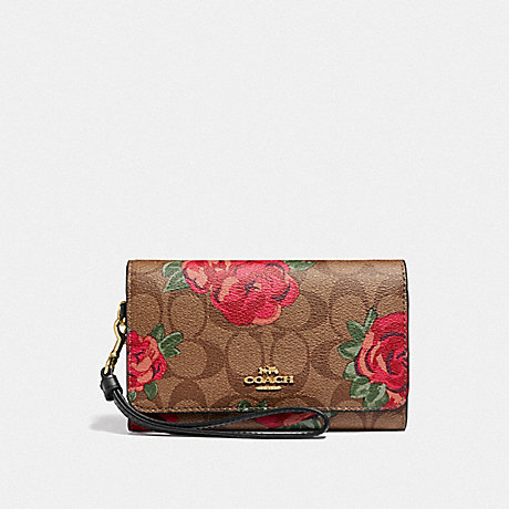 COACH FLAP PHONE WALLET IN SIGNATURE CANVAS WITH JUMBO FLORAL PRINT - KHAKI/OXBLOOD MULTI/LIGHT GOLD - F39191