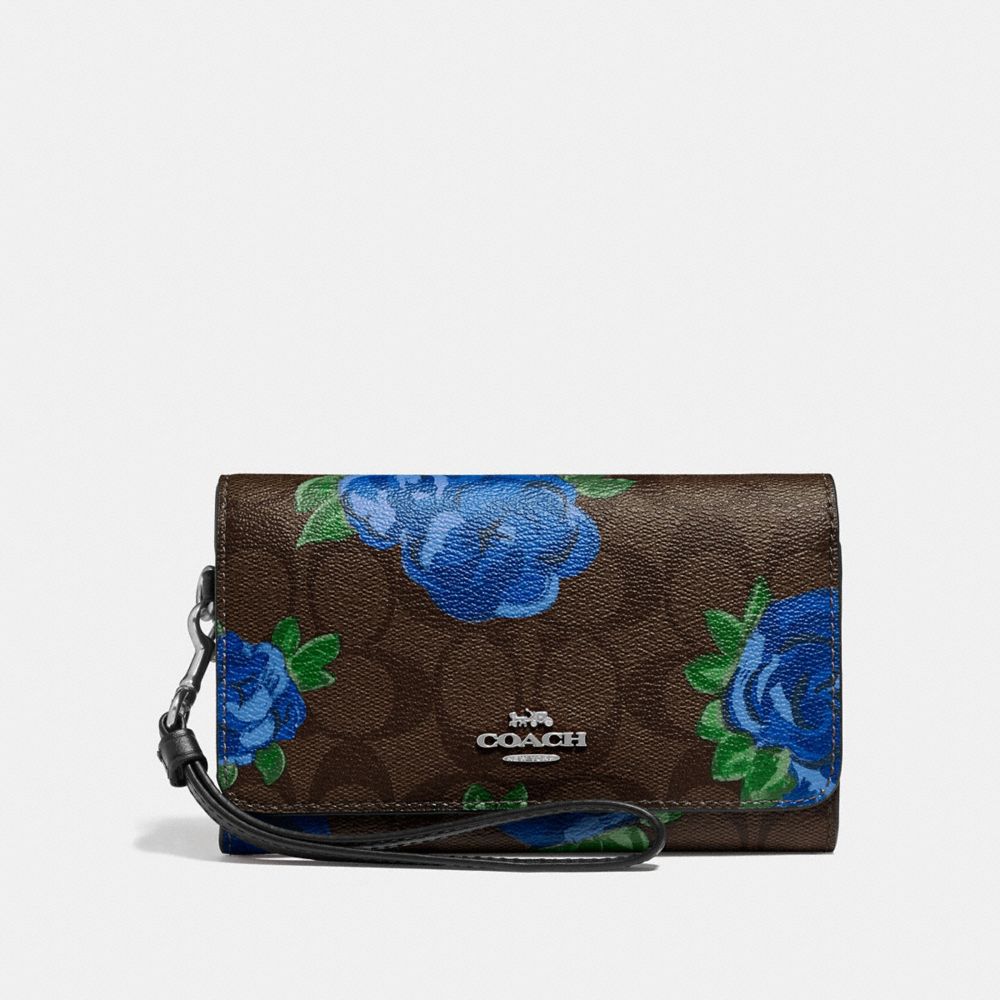 COACH F39191 FLAP PHONE WALLET IN SIGNATURE CANVAS WITH JUMBO FLORAL PRINT BROWN BLACK/MULTI/SILVER