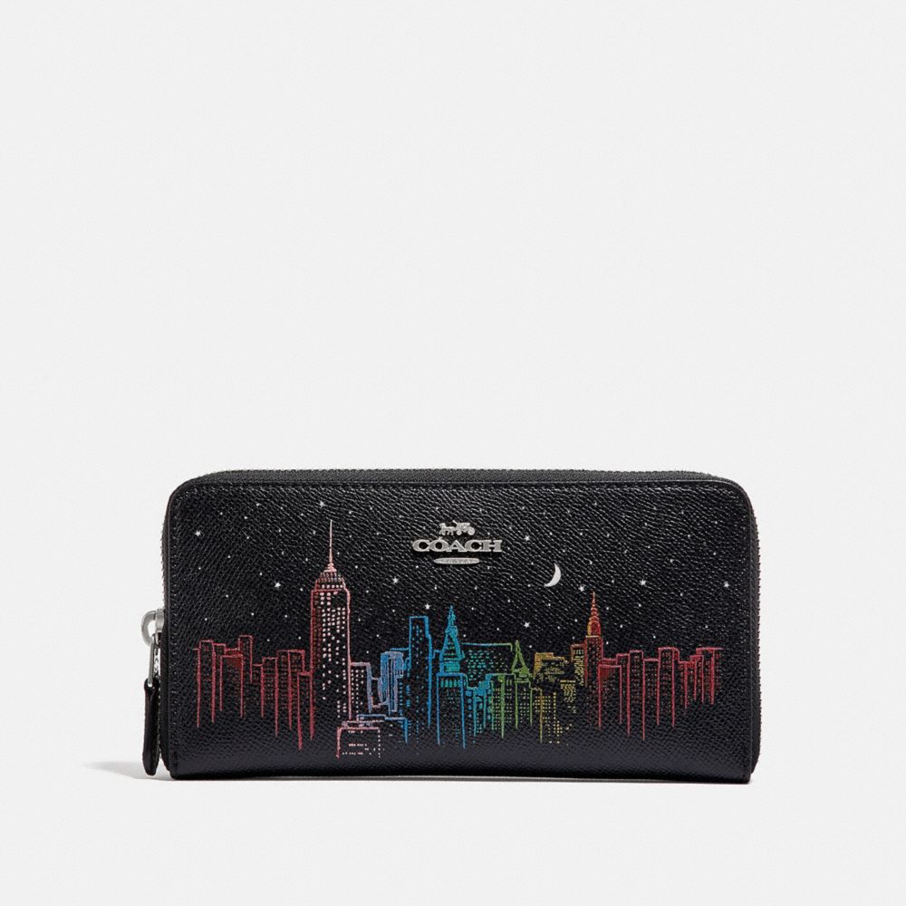 COACH F39204 Accordion Zip Wallet With Skyline Print BLACK/GUNMETAL MULTI/SILVER