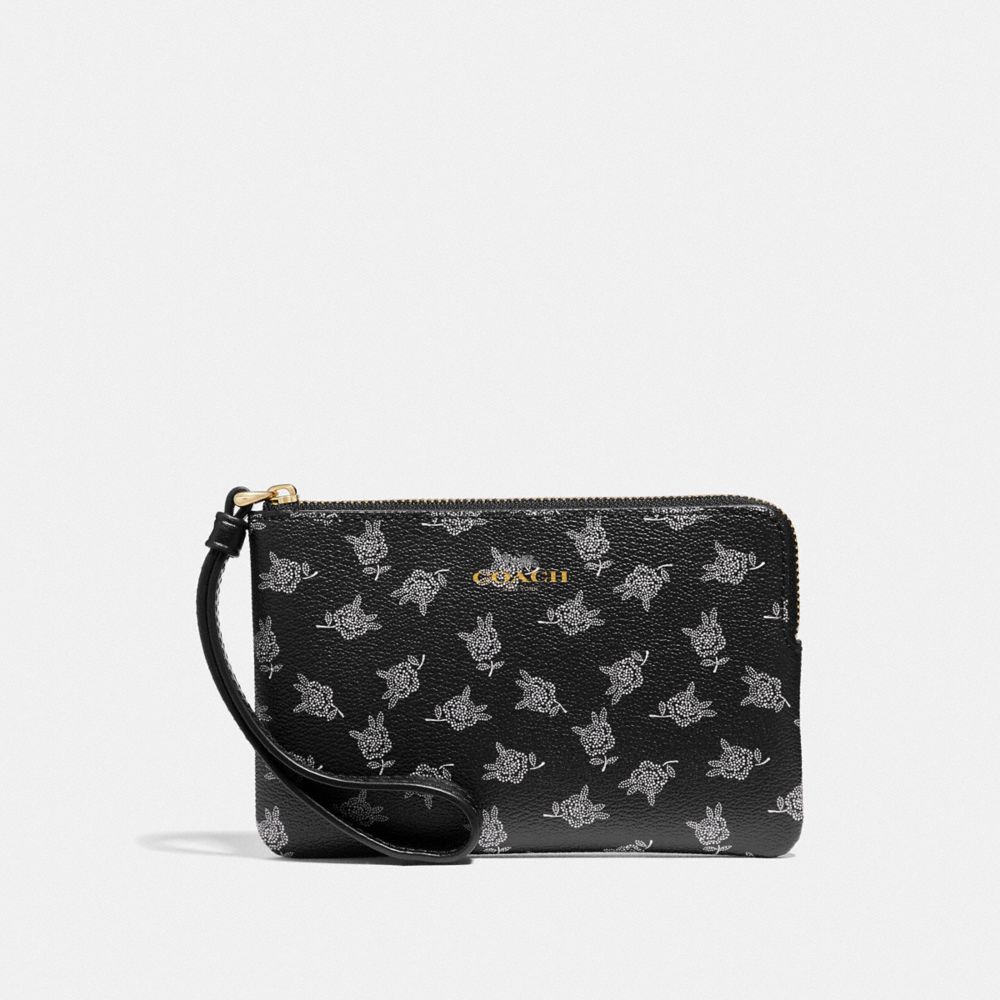 COACH F39229 CORNER ZIP WRISTLET WITH CALICO PEONY PRINT BLACK/MULTI/LIGHT GOLD