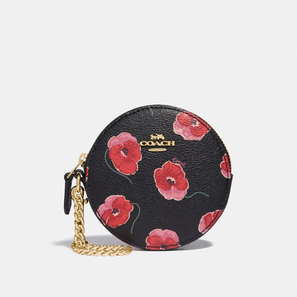 COACH F39272 Round Coin Case With Poppy Print BLACK/MULTI/LIGHT GOLD