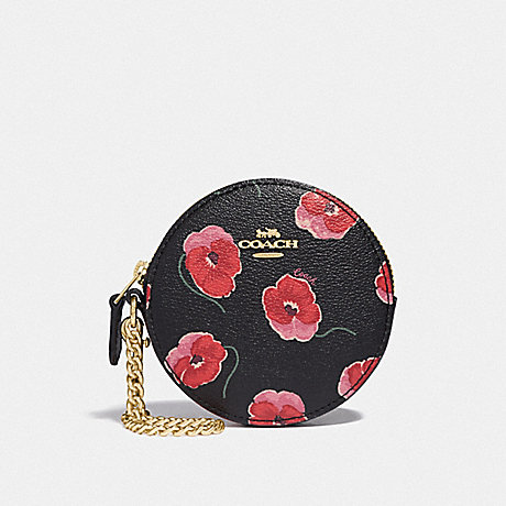 COACH ROUND COIN CASE WITH POPPY PRINT - BLACK/MULTI/LIGHT GOLD - F39272