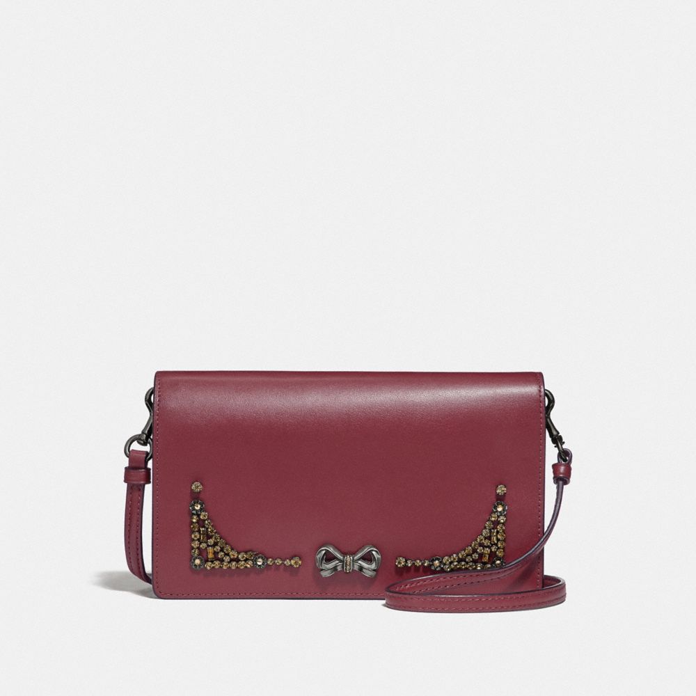 COACH SELENA HAYDEN FOLDOVER CROSSBODY CLUTCH WITH CRYSTAL EMBELLISHMENT - WINE/GUNMETAL - F39313