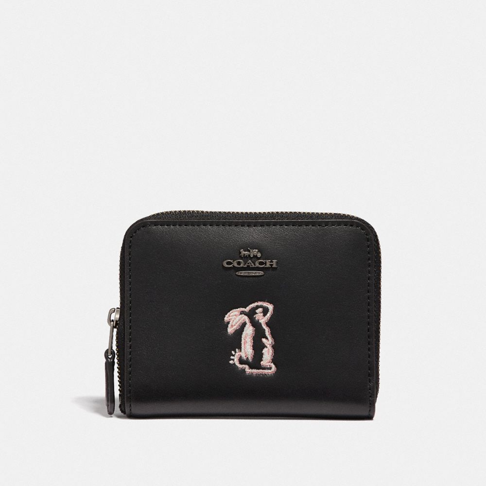 COACH F39319 SELENA SMALL ZIP AROUND WALLET WITH BUNNY BLACK/GUNMETAL