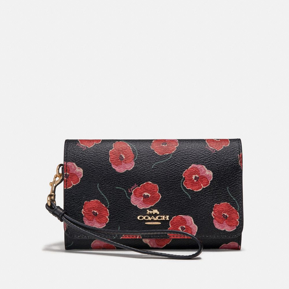 COACH FLAP PHONE WALLET WITH POPPY PRINT - BLACK/MULTI/LIGHT GOLD - F39369