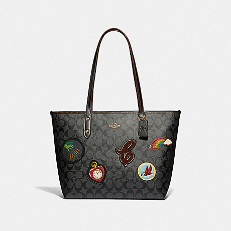 COACH F39465 CITY ZIP TOTE IN SIGNATURE CANVAS WITH WIZARD OF OZ PATCHES BLACK-SMOKE-MULTI/LIGHT-GOLD