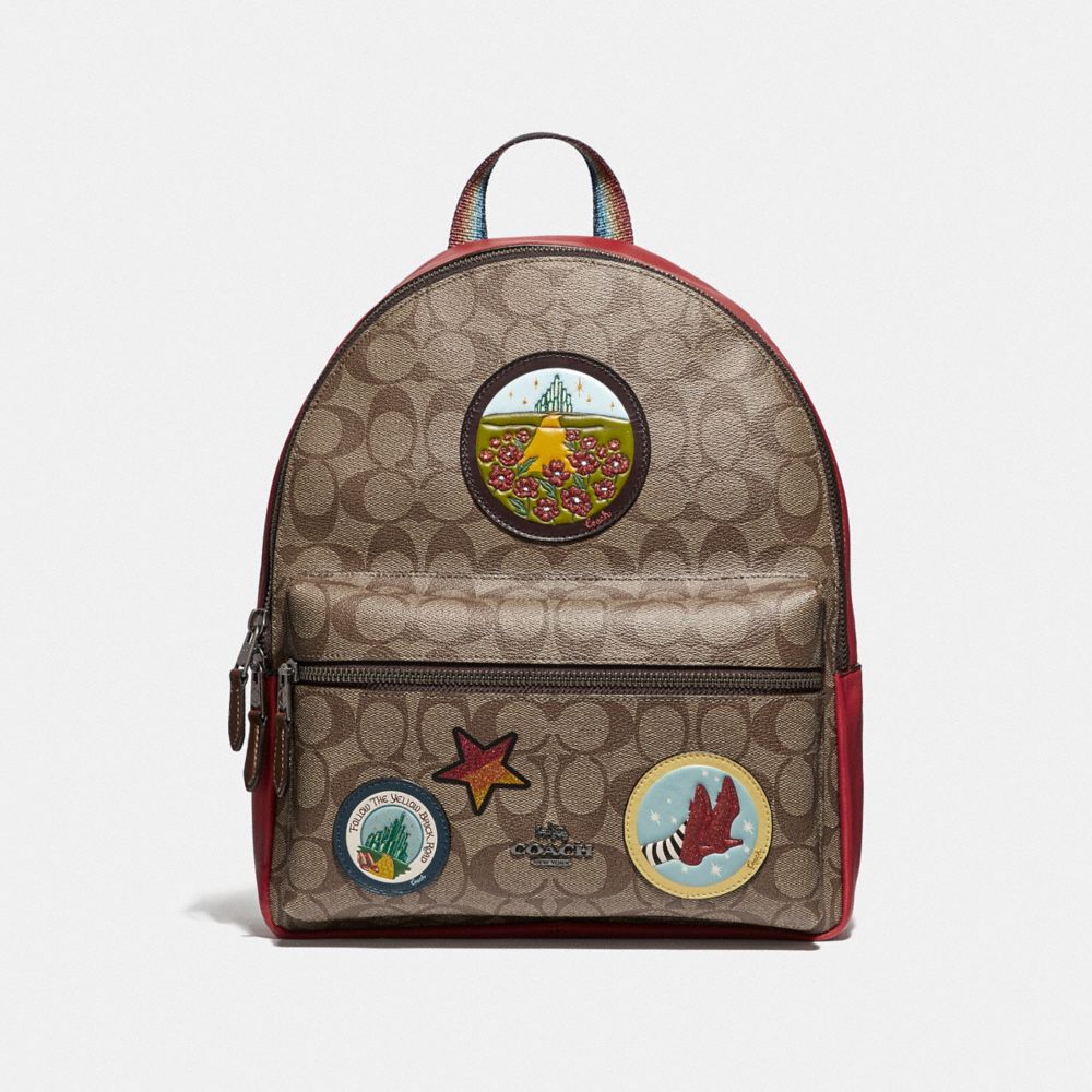 MEDIUM CHARLIE BACKPACK IN SIGNATURE CANVAS WITH WIZARD OF OZ PATCHES - F39480 - KHAKI/MULTI/BLACK ANTIQUE NICKEL