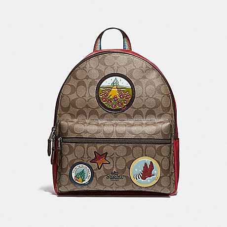 COACH MEDIUM CHARLIE BACKPACK IN SIGNATURE CANVAS WITH WIZARD OF OZ PATCHES - KHAKI/MULTI/BLACK ANTIQUE NICKEL - F39480