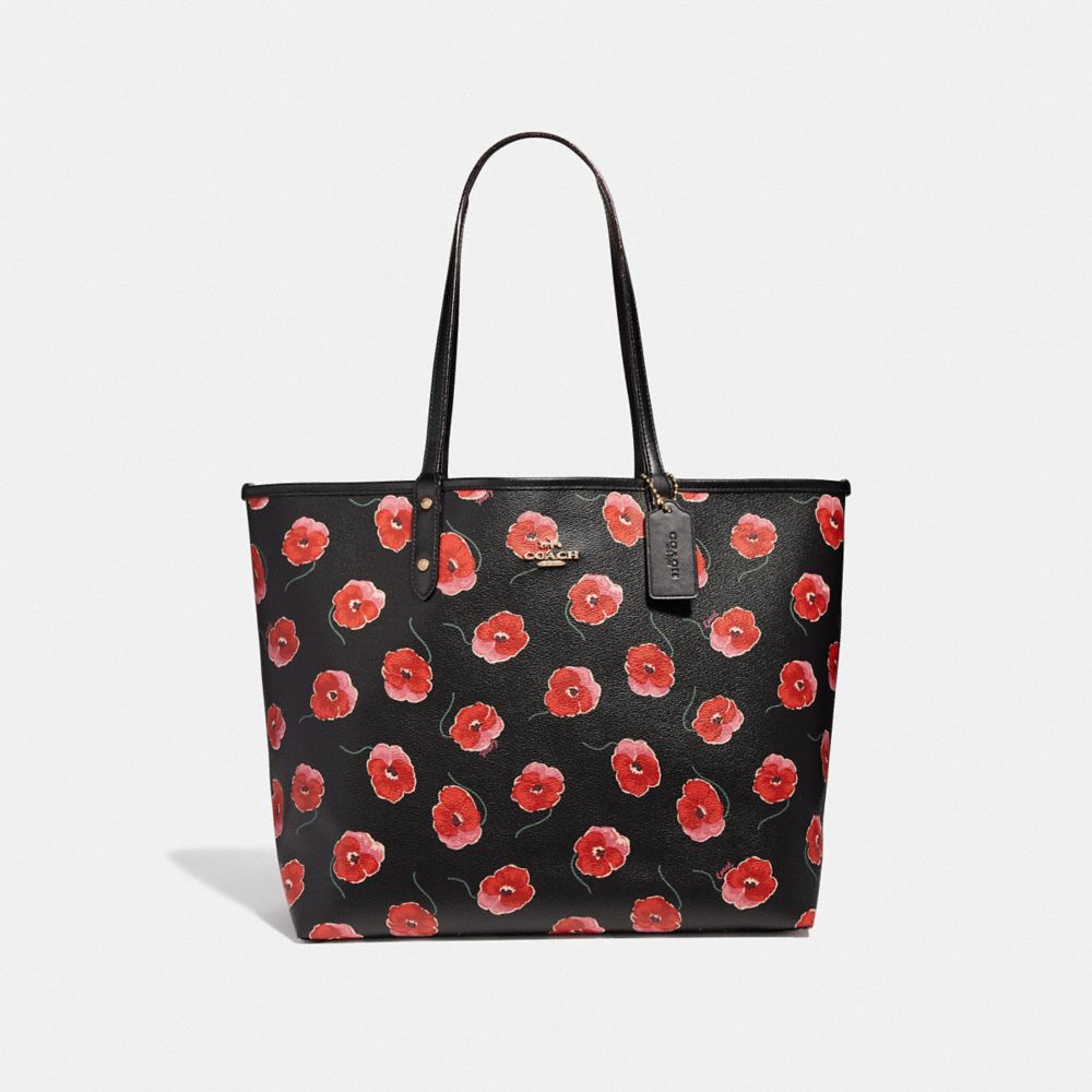 REVERSIBLE CITY TOTE WITH POPPY PRINT - F39481 - BLACK MULTI/BLACK/LIGHT GOLD