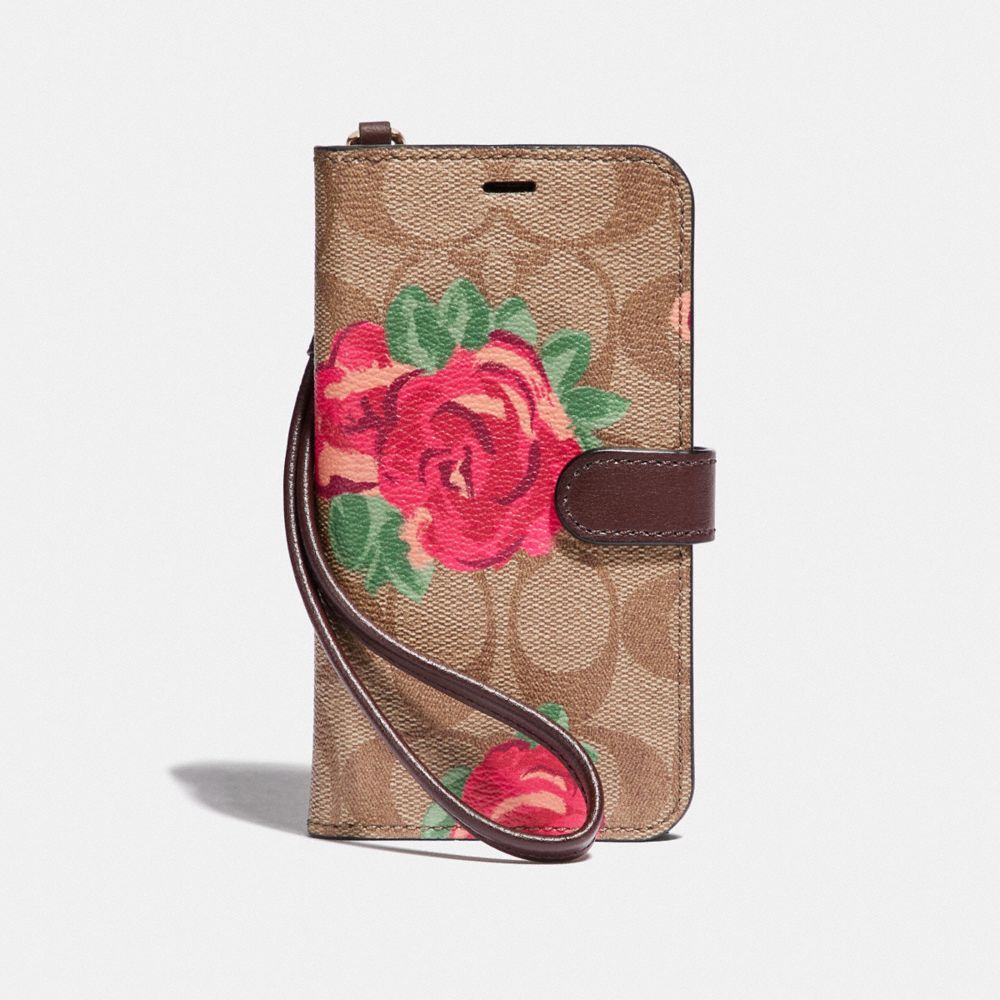 IPHONE X/XS FOLIO IN SIGNATURE CANVAS WITH NEON FLOWER PRINT - KHAKI/MULTICOLOR - COACH F39483