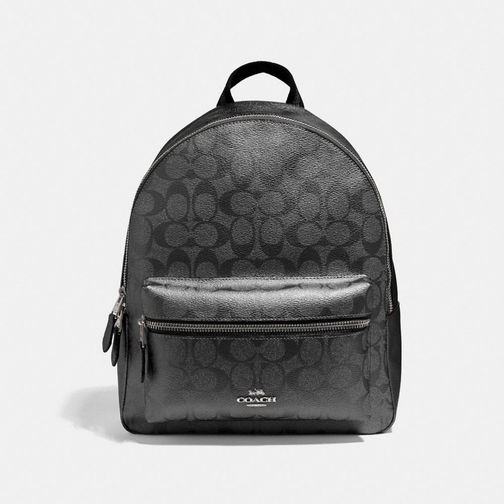 MEDIUM CHARLIE BACKPACK IN SIGNATURE CANVAS - F39510 - GUNMETAL/SILVER