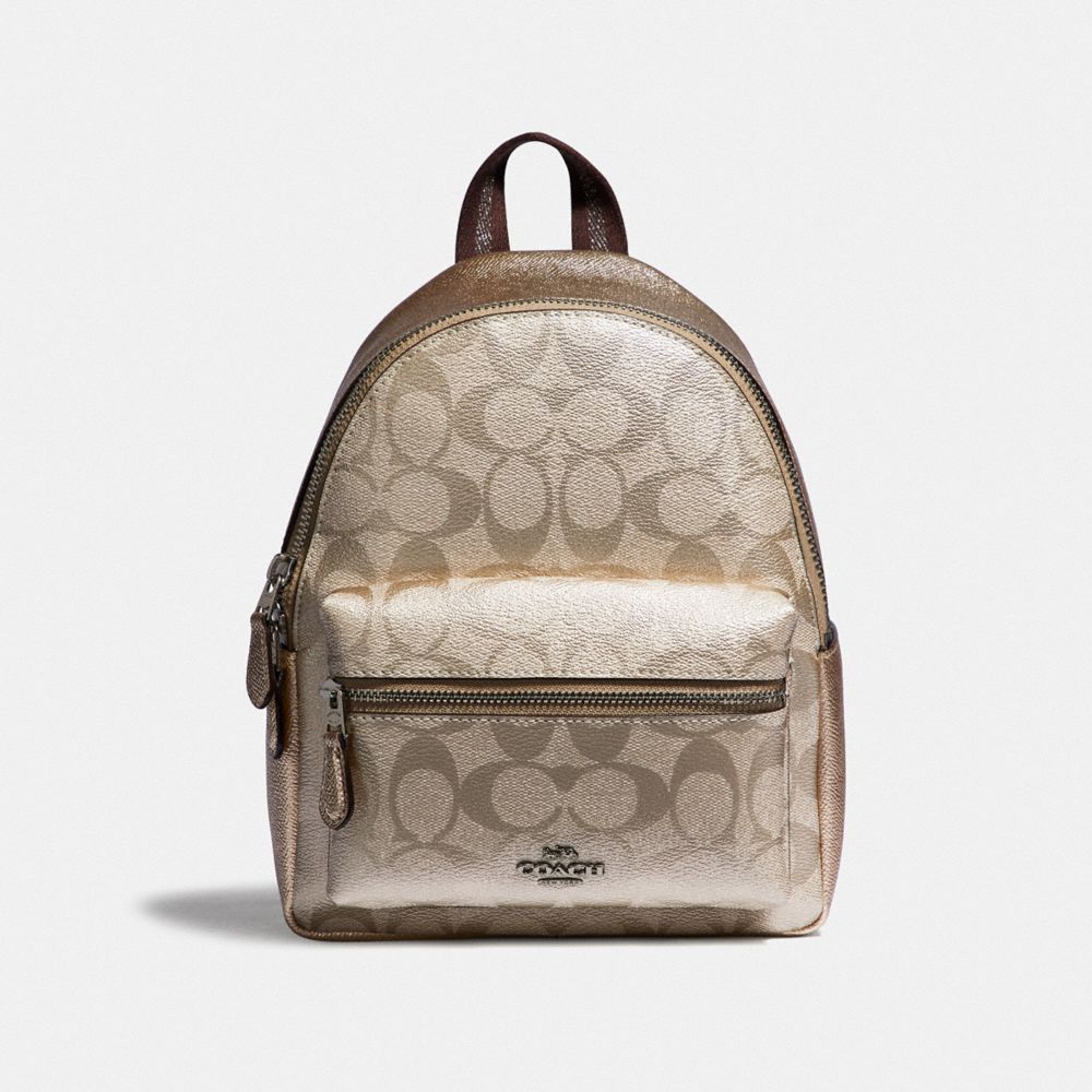 MINI CHARLIE BACKPACK IN SIGNATURE CANVAS - F39511 - PLATINUM/SILVER