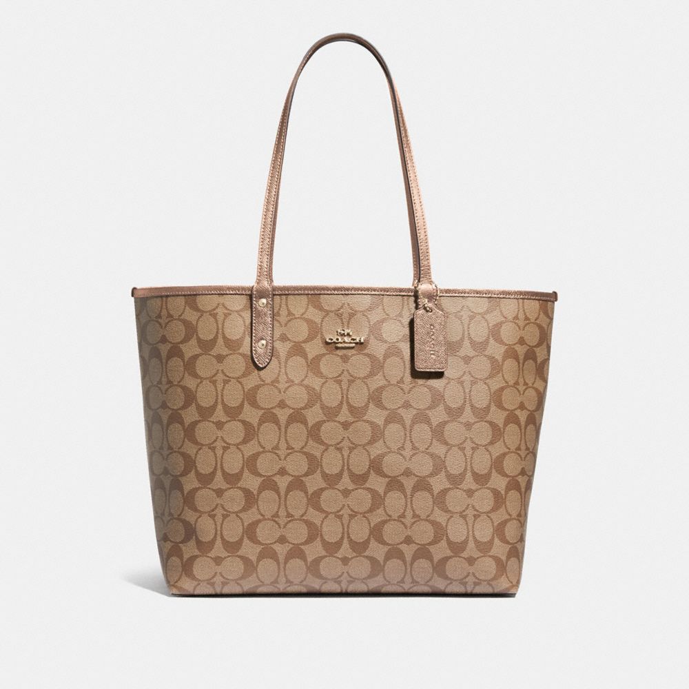 REVERSIBLE CITY TOTE IN SIGNATURE CANVAS - KHAKI/ROSE GOLD/LIGHT GOLD - COACH F39518