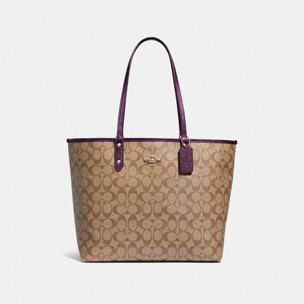 COACH F39518 REVERSIBLE CITY TOTE IN SIGNATURE CANVAS KHAKI/METALLIC-RASPBERRY/LIGHT-GOLD