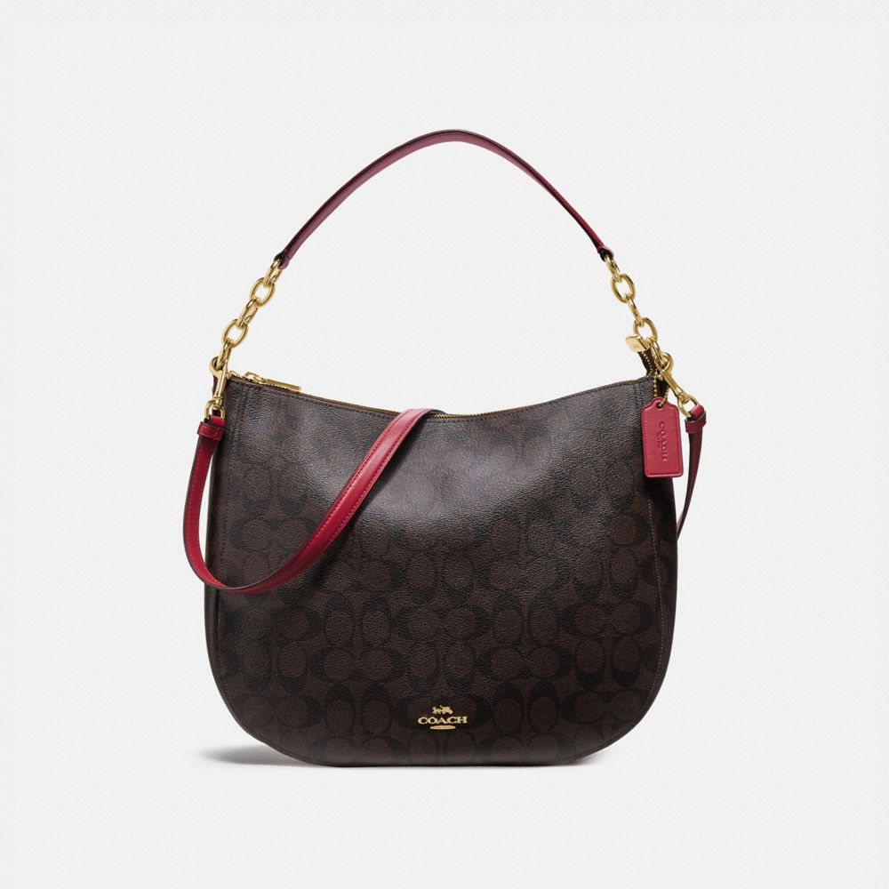 COACH F39527 Elle Hobo In Signature Canvas BROWN/TRUE RED/LIGHT GOLD