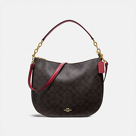 COACH F39527 ELLE HOBO IN SIGNATURE CANVAS BROWN/TRUE-RED/LIGHT-GOLD