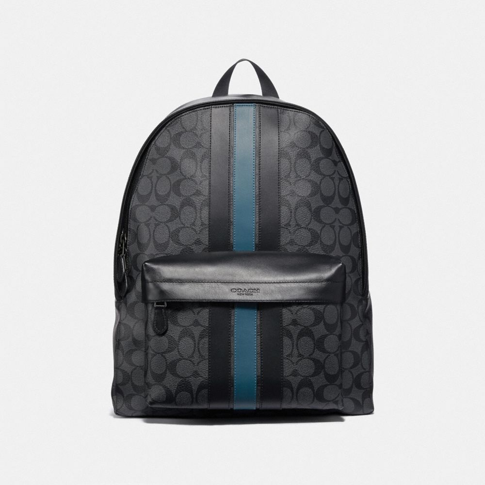 CHARLES BACKPACK IN SIGNATURE CANVAS WITH VARSITY STRIPE - COACH F39646 - BLACK BLACK MINERAL/BLACK ANTIQUE NICKEL