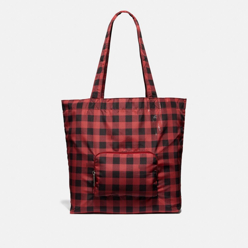 COACH F39649 - PACKABLE TOTE WITH GINGHAM PRINT RUBY MULTI/BLACK ANTIQUE NICKEL