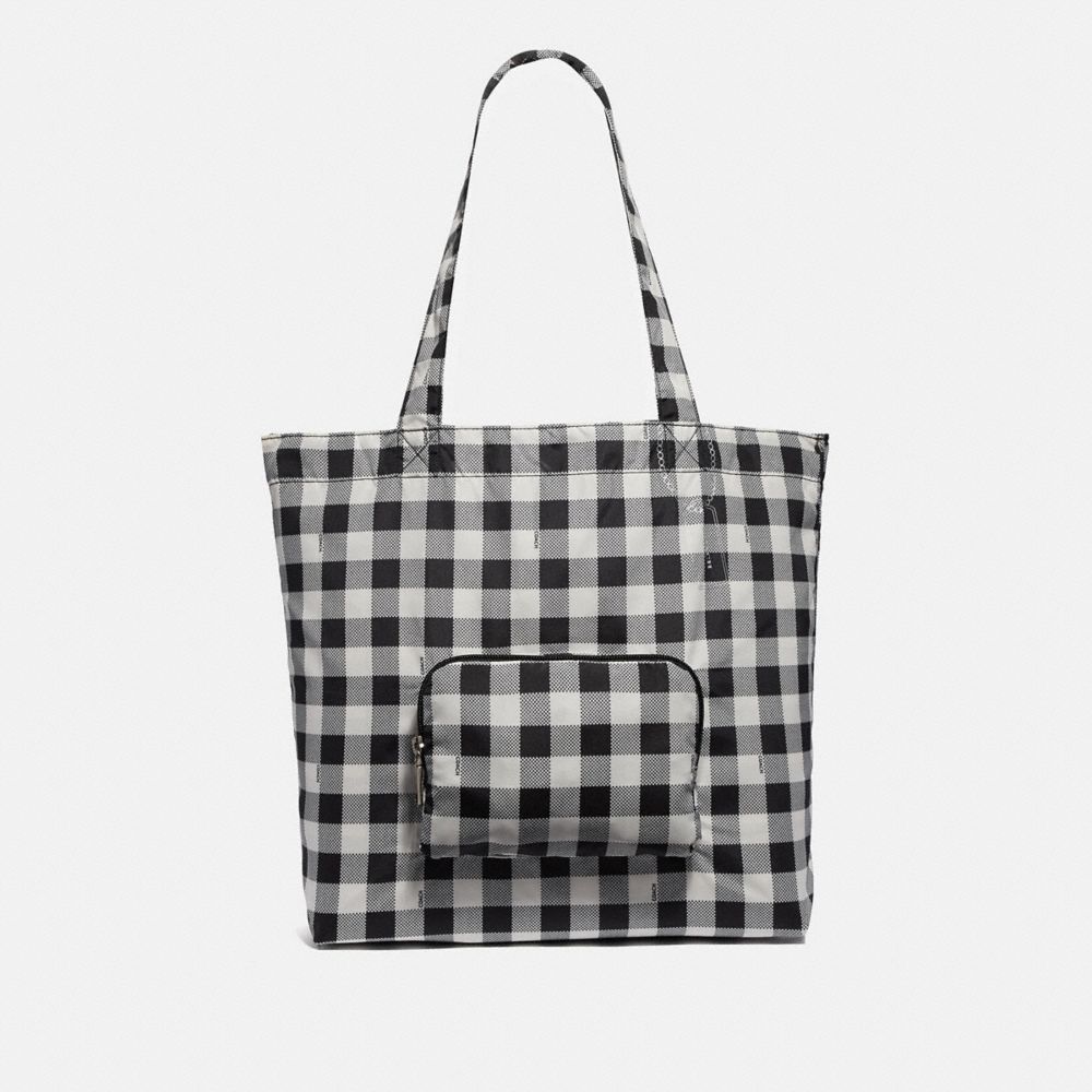 COACH F39649 PACKABLE TOTE WITH GINGHAM PRINT BLACK/MULTI/SILVER