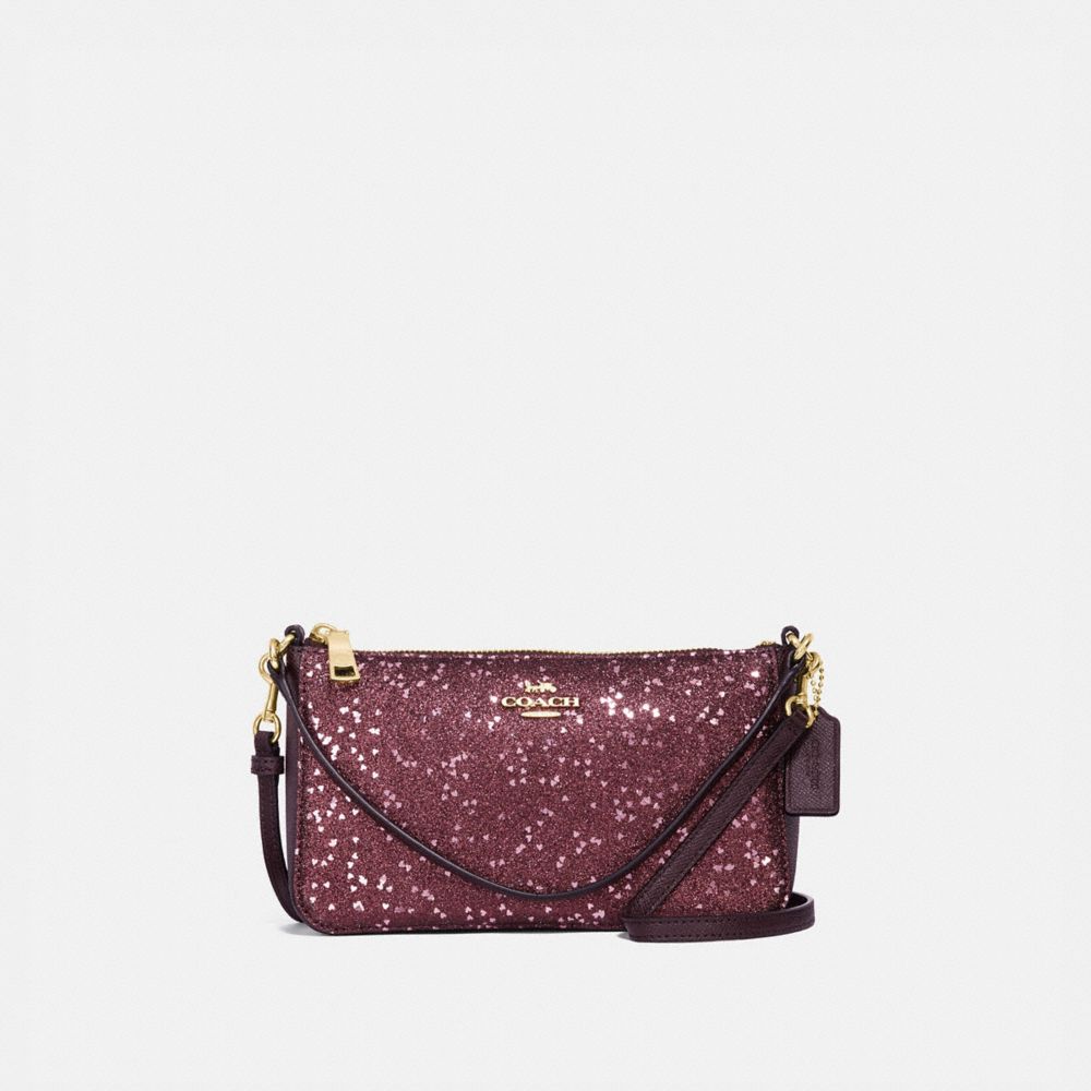 COACH TOP HANDLE POUCH WITH HEART GLITTER - RASPBERRY/LIGHT GOLD - F39655