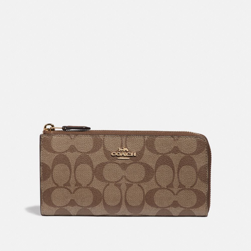 COACH L-ZIP WALLET IN SIGNATURE CANVAS - KHAKI/SADDLE 2/IMITATION GOLD - F39673