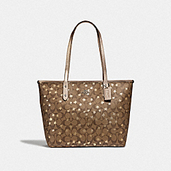 COACH CITY ZIP TOTE IN SIGNATURE CANVAS WITH POP STAR PRINT - KHAKI MULTI /SILVER - F39698