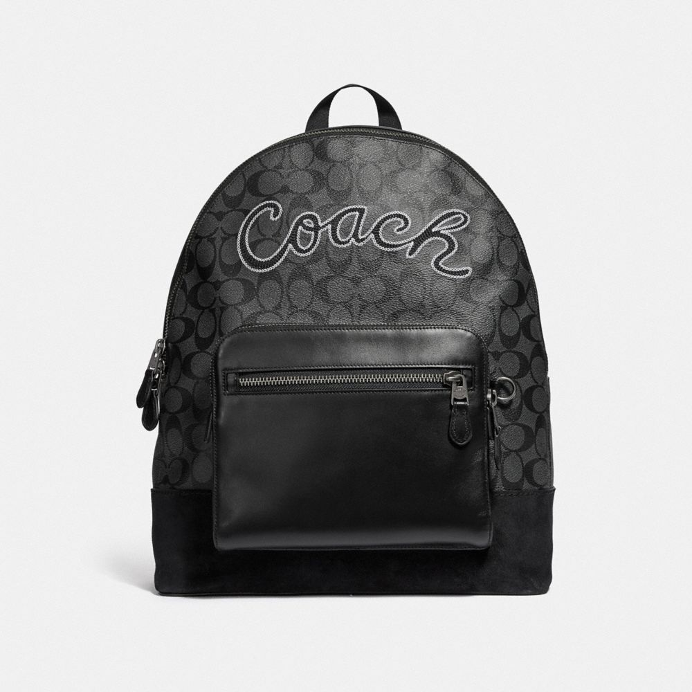 COACH F39700 - WEST BACKPACK IN SIGNATURE CANVAS WITH COACH SCRIPT CHARCOAL/BLACK/BLACK ANTIQUE NICKEL