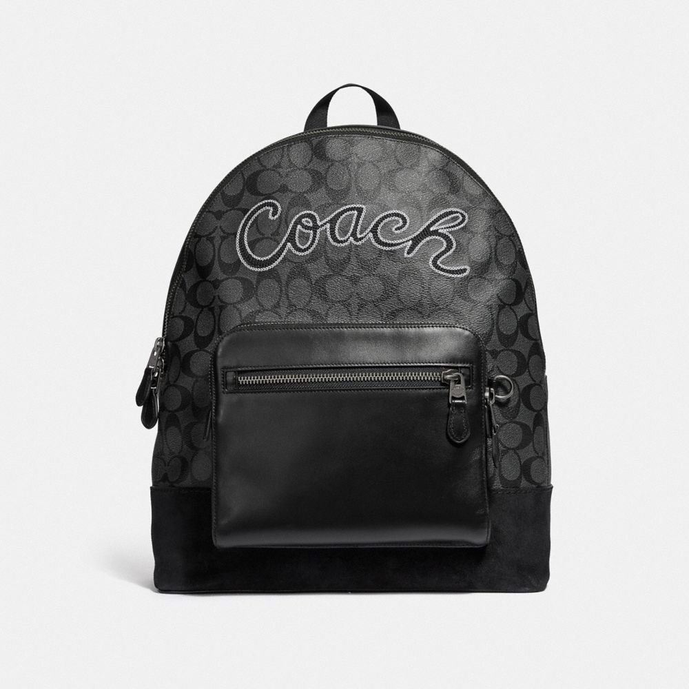 COACH F39700 WEST BACKPACK IN SIGNATURE CANVAS WITH COACH SCRIPT CHARCOAL/BLACK/BLACK ANTIQUE NICKEL