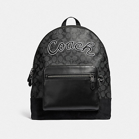 COACH F39700 WEST BACKPACK IN SIGNATURE CANVAS WITH COACH SCRIPT CHARCOAL/BLACK/BLACK ANTIQUE NICKEL