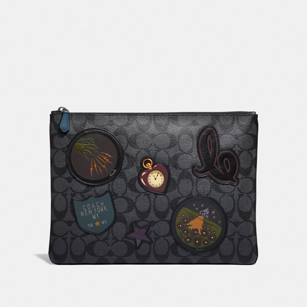 COACH F39702 LARGE POUCH IN SIGNATURE CANVAS WITH WIZARD OF OZ PATCHES CHARCOAL MULTI/BLACK ANTIQUE NICKEL