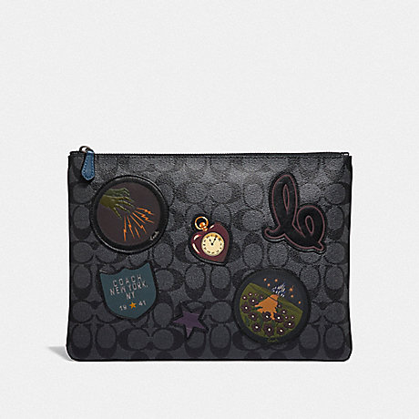 COACH F39702 LARGE POUCH IN SIGNATURE CANVAS WITH WIZARD OF OZ PATCHES CHARCOAL-MULTI/BLACK-ANTIQUE-NICKEL