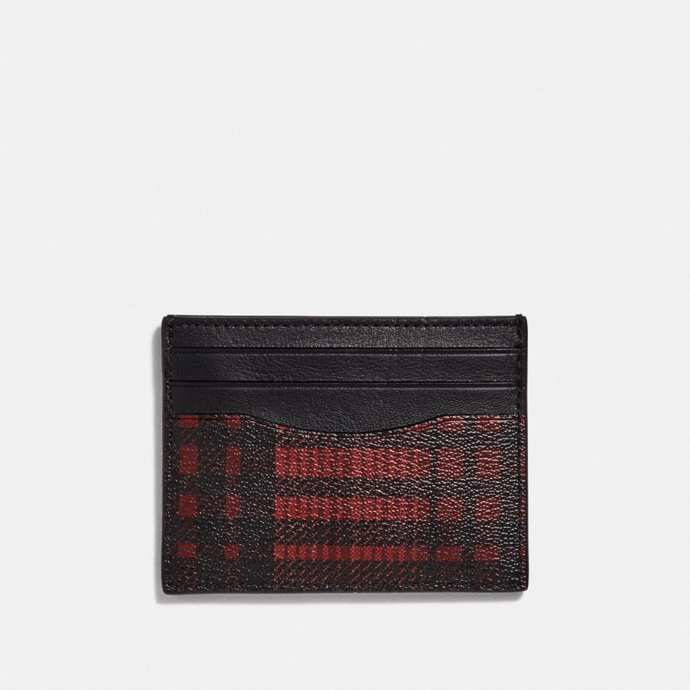 COACH F39760 - SLIM ID CARD CASE WITH TWILL PLAID PRINT RED MULTI/BLACK ANTIQUE NICKEL