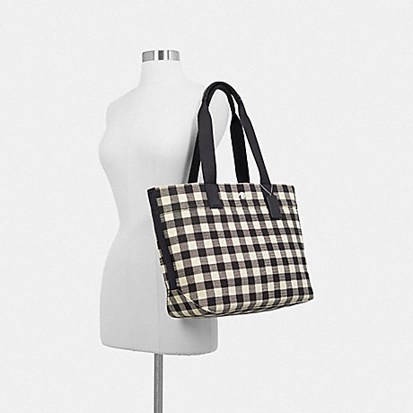 COACH F39848 TOTE WITH GINGHAM PRINT BLACK/MULTI/SILVER