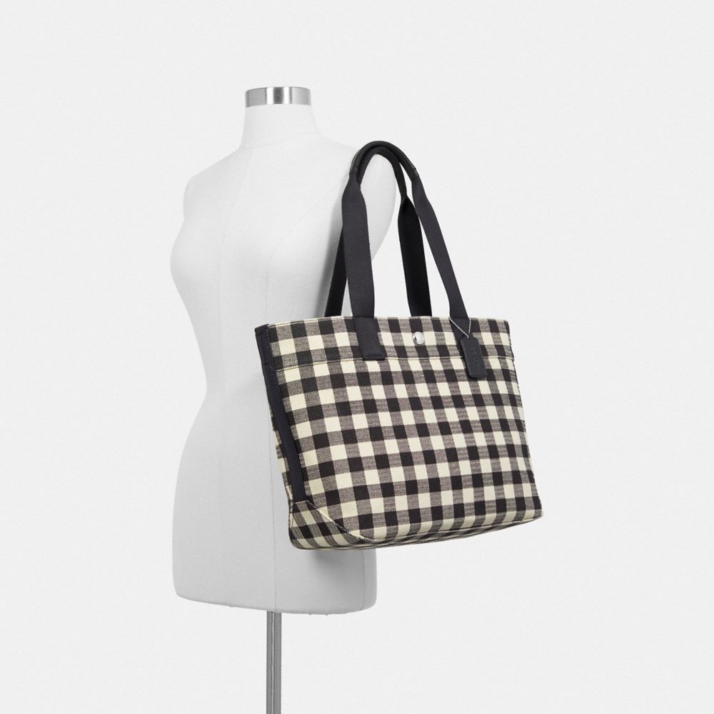 COACH F39848 TOTE WITH GINGHAM PRINT BLACK/MULTI/SILVER