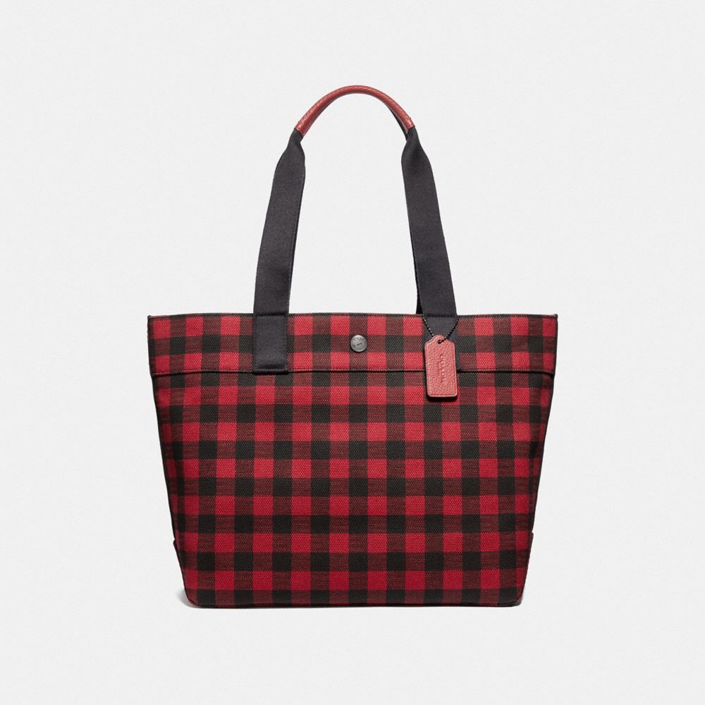 COACH F39848 - TOTE WITH GINGHAM PRINT RUBY MULTI/BLACK ANTIQUE NICKEL