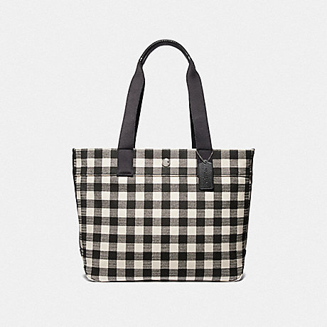 COACH F39848 TOTE WITH GINGHAM PRINT BLACK/MULTI/SILVER