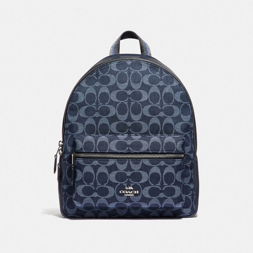 MEDIUM CHARLIE BACKPACK IN SIGNATURE DENIM - F39896 - DENIM/SILVER