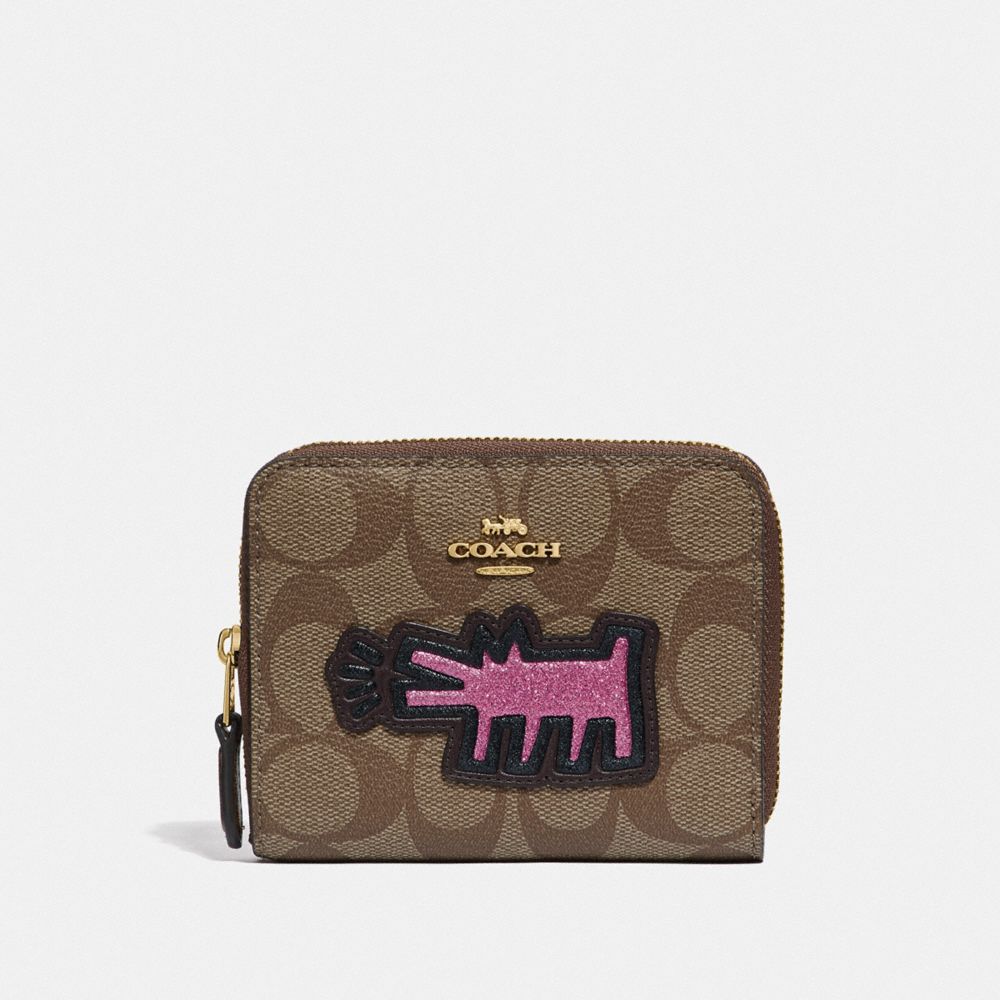 KEITH HARING SMALL ZIP AROUND WALLET IN SIGNATURE CANVAS WITH PATCHES - KHAKI MULTI /IMITATION GOLD - COACH F39996