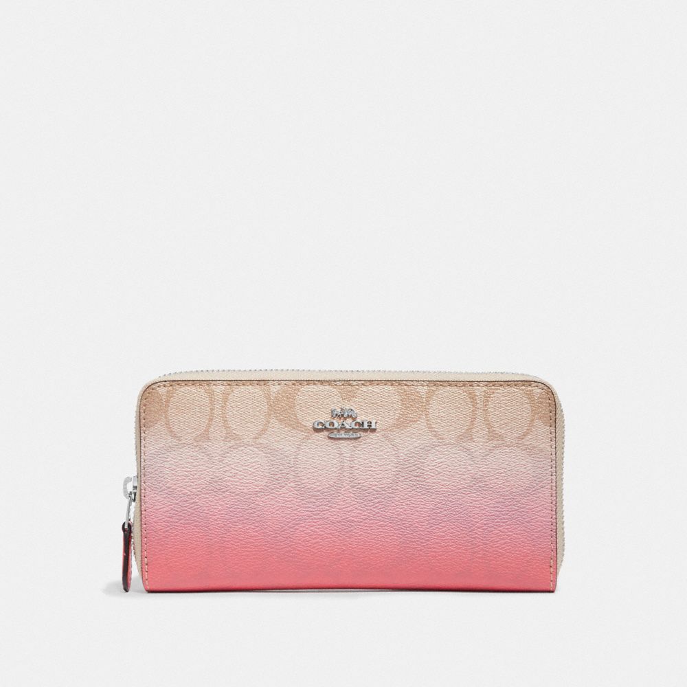 COACH F40027 ACCORDION ZIP WALLET IN OMBRE SIGNATURE CANVAS LIGHT KHAKI/PINK MULTI/SILVER