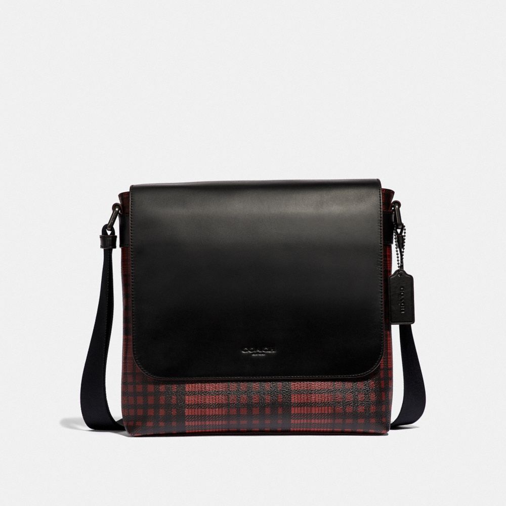 COACH F40723 - CHARLES SMALL MESSENGER WITH TWILL PLAID PRINT RED MULTI/BLACK ANTIQUE NICKEL