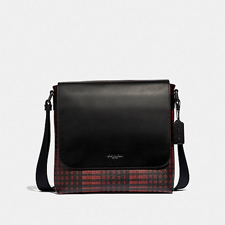 COACH F40723 CHARLES SMALL MESSENGER WITH TWILL PLAID PRINT RED MULTI/BLACK ANTIQUE NICKEL