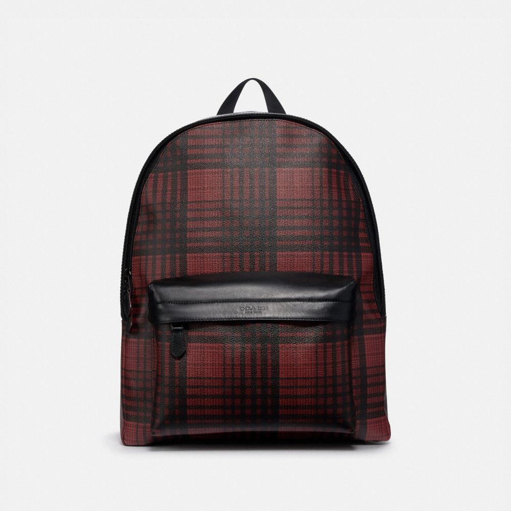 COACH F40726 - CHARLES BACKPACK WITH TWILL PLAID PRINT RED MULTI/BLACK ANTIQUE NICKEL