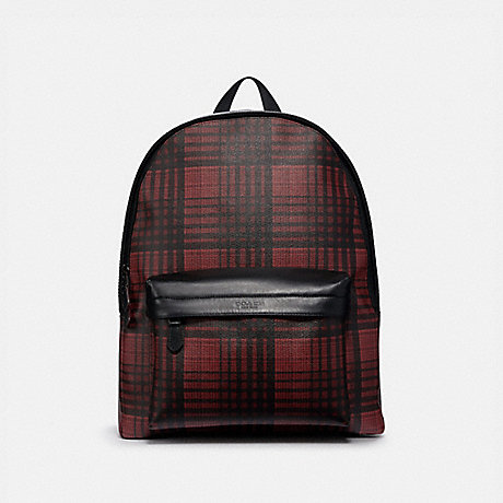 COACH F40726 CHARLES BACKPACK WITH TWILL PLAID PRINT RED-MULTI/BLACK-ANTIQUE-NICKEL